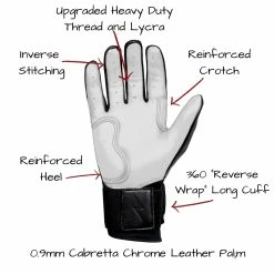 Bruce Bolt PREMIUM PRO Chrome Series Long Cuff Batting Gloves: Black -Outlet Fielding Gloves Store LC CHRB PALM CALLOUTS