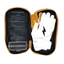 Bruce Bolt PREMIUM PRO Long Cuff Batting Gloves: White -Outlet Fielding Gloves Store LC WHTG BAG2